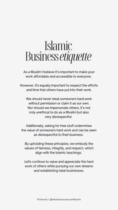 an advertisement with the words islamic business etiquette written in black on white paper