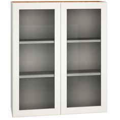 a white bookcase with two glass doors