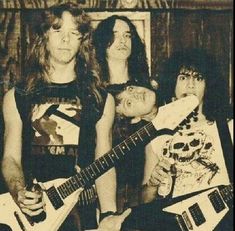 an old black and white photo of three people with guitars