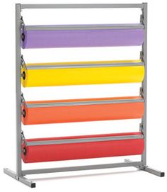 a multicolored shelf with wheels on it