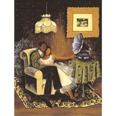 a painting of a man and woman sitting on a couch in front of a lamp