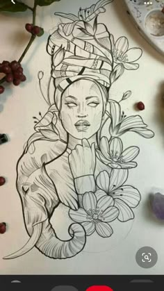 a drawing of a woman with flowers in her hair