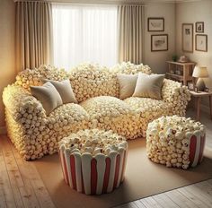 a living room filled with furniture covered in popcorn