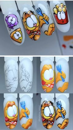 Almond Nails Cartoon Designs, Character Nail Art Step By Step, Cartoon Character Nail Art, Swirl Nail Art, Long Nail Art