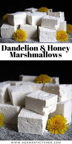 dandelion and honey marshmallows are stacked on top of each other