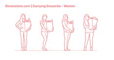 a line drawing of people standing in different positions with the text dimensionss com / carrying groceries - women