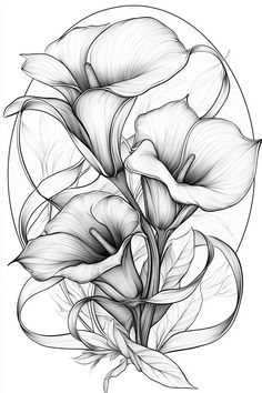 black and white drawing of flowers in a circle