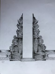 a drawing of two tall towers in the middle of a wall with an open door