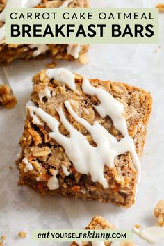 carrot cake oatmeal breakfast bars with white icing on top and text overlay that says carrot cake oatmeal breakfast bars