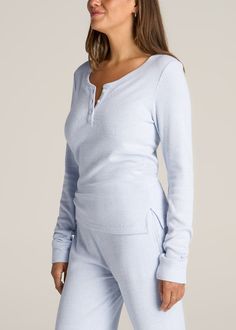 About Our Ribbed Henley Long Sleeve Shirts for Tall Women It’s high time that the world has loungewear henleys for tall women. As much as you want to wear regular tops, pants, and sweatsuits, it’s difficult to find pieces that fit properly, are long enough and won’t shrink in the wash. That’s exactly why we made this women’s tall top, just for ladies from 5’9 to 6’6. Our Ribbed Henley Lounge Top is ultra-cozy and addictive to wear. A perfect match for our Ribbed Flare Lounge Pants, this henley h Cozy Blue Tops For Loungewear, Cozy Blue Tops For Lounging, Cozy Blue Top For Lounging, Flare Lounge Pants, Henley Long Sleeve, Ankle Socks Women, Lounge Top, Cute Pajamas, Henley Top