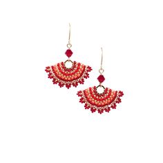 "I created this red dangle earring by hand, using Swarovski beads 3mm, Miyuki round seed beads, Miyuki Delica beads, and 14k goldfilled ear-wire Feminine, striking and full of presence * Measurements: Earring length: 1.57\" (4cm) Fan element diameter: 1.18\" (3cm) * The earrings will come beautifully packaged for a gift. * For other dangle earrings: https://www.etsy.com/shop/LioraBJewelry/items?section_id=16311270 * my shop: https://www.etsy.com/shop/LioraBJewelry * Shop Policies: https://www.et Red Dangle Jewelry With Bead Caps, Gift Red Beaded Earrings With Bead Caps, Red Round Beaded Earrings For Festive Occasions, Red Dangle Earrings With Tiny Beads, Red Drop Earrings With Tiny Beads, Elegant Red Earrings With Tiny Beads, Red Jewelry With Bead Caps, Red Beaded Dangle Earrings With Tiny Beads, Red Dangle Beaded Earrings With Tiny Beads