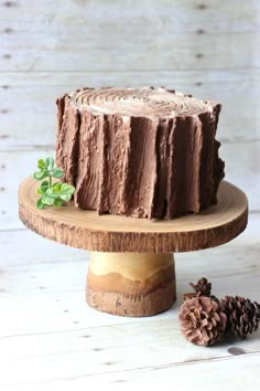 a chocolate cake sitting on top of a wooden stand next to a pine cone and some leaves