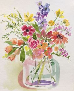 a watercolor painting of colorful flowers in a vase