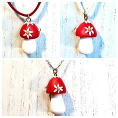 "Cottagecore Mushroom Necklaces! 3 to choose from: White faux leather chain, red faux leather chain, and dainty gold chain. Adorable polymer clay red and white mushrooms are adorned with white daisy flowers. These handmade necklaces make great gifts for anyone who loves mushrooms, flowers, Cottagecore, plants, or nature! Give them as a birthday gift, best friend gift, Christmas gift, or \"just for you\" gift!  NOTE: While the dainty gold chain version is my personal favorite, I do NOT recommend wearing it around small children who may grab onto it!   - Cottagecore Mushroom Necklaces are approximately 17\" long      - some a tiny bit shorter, some a tiny bit longer. The dainty     gold chain necklace is 16\", adjustable to 18\"  - Polymer Clay Mushroom Pendants measure approximately 1     1 Mushroom Necklaces, Red And White Mushrooms, Cottagecore Plants, Christmas Necklaces, Polymer Clay Mushroom, Flowers Cottagecore, Red And White Mushroom, Birthday Gift Best Friend, Clay Mushroom