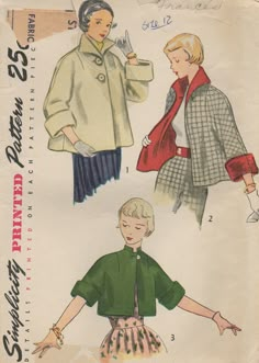 ~ Circa/Date: 1950 ~ Details:   Three style variation TEEN-AGE TOPPER JACKET ~ Size/Measurements (Inches):     ~ Size: 12     ~ BUST: 30″     ~ Waist:  25″    ~ Hip: 33″ ~ Please Note: ~ You are buying a 'Professional Reproduced' copy of this sewing pattern. Copied from the original sewing pattern. Produced in Full Scale Pattern Pieces ready to cut with full instructions included. Reproduced on high quality 50 gm paper with black ink, durable and easier for reuse. Printed by a Professional Printing Company.   ~ With this product comes an accompanying 'Booklet' and inside the Booklet it includes: ~ A 2-page Instructions and Illustrations on 'How to Adjust Your pattern to your Personal Measurement.' ~ Personal Measurement Chart ~ Body Form Illustrations ~ Fitting Checklist ~ Metric Equivalen Walking Clothes, 1970s Christmas, Winter Walking, 1950s Sewing Patterns, Vintage Vogue Sewing Patterns, Patron Vintage, 1950 Fashion, Scale Pattern, 1950 Vintage