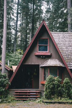 a house in the woods with trees and bushes around it, surrounded by tall pine trees