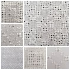 four different pictures of white linens with black and white stitching on the edges