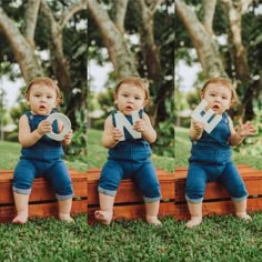 three toddlers sitting on top of a wooden bench holding up the letters n and o