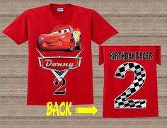 a birthday shirt with the number two on it, and an image of cars 2