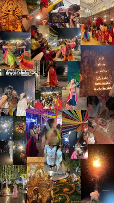 collage of various pictures with people dancing and lighting up the night in different colors