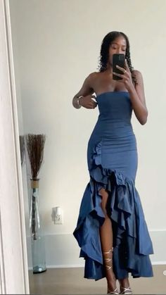 Elegant Blue Strapless Dress With Ruffles, Luxury Elegant Blue Ruffle Dress, Graduation Party Outfit Guest, Graduation Outfit Ideas For Guest, Luxury Fitted Blue Asymmetrical Dress, Luxury Blue Asymmetrical Summer Dress, Luxury Blue Asymmetrical Maxi Dress, Deep Blue Dress, Blue Wedding Guest Dresses