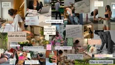 a collage of photos with people working on laptops and other things in the background