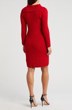 Chunky cable stitches add touchable texture to a sweater-dress framed with an asymmetric neckline and long sleeves. 37 1/2" length Asymmetric neck Long sleeves Unlined 100% acrylic Machine wash, dry flat Imported Model stats: 5'10" height, 32" bust, 25" waist, 36" hip. Model is wearing size Small. Red Sweater Dress, Timberland Kids, Trendy Boots, Asymmetric Neckline, Red Fits, Cable Stitch, Tom Ford Sunglasses, Long Sleeve Sweater Dress, Flip Flop Slippers