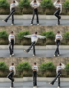 multiple shots of a man doing tricks on his skateboard in different positions and sizes