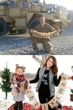 two photos one with a soldier and the other with a baby in front of an army vehicle