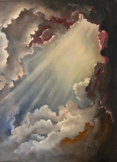 an oil painting of the sun shining through clouds