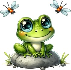 a frog sitting on top of a rock with two bees flying over it's head