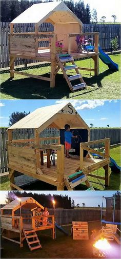 some kind of wooden play house with stairs and slide in the back yard for kids to play outside