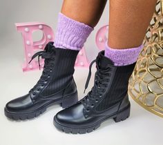 The fly knit material makes these combat boots cozy and perfect! The pull tabs and laces allow these boots to be easy to wear and secure. Perfect for year-round wear! Whole size only - half sizes, size up Fit: True to size Sock Boot, Black Combat Boots, Sock Boots, Combat Boot, Looks Black, Black Socks, Boots Leather, Ladies Shoes, Leather Boot