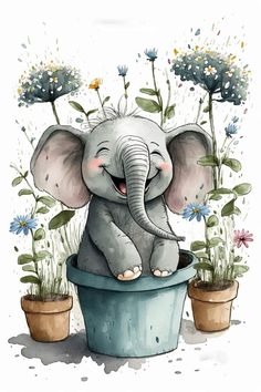 an elephant is sitting in a potted plant with flowers on the side and smiling