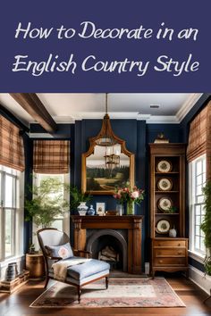 an english country style living room with blue walls and wooden furniture, including a fireplace