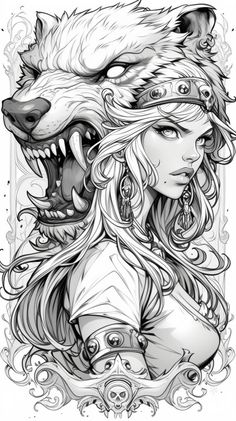 a drawing of a woman with a wolf's head