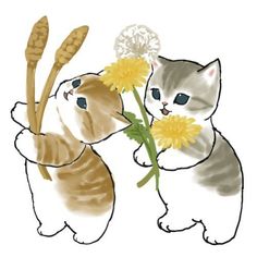 two cats are holding flowers in their paws