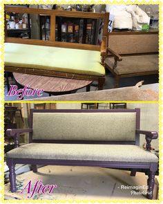 before and after photos of an upholstered bench that has been refinished