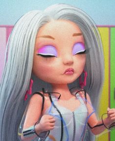 a digital painting of a doll with grey hair and blue eyes holding a cell phone