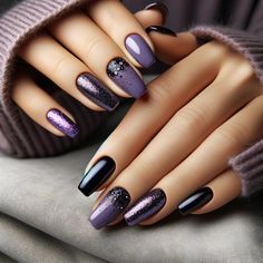 10 Purple and Black Nail Designs to Unleash Your Personality Winter Nail Ideas Purple, Purple Winter Nail Ideas, Dark Purple Fall Nails Designs, Purple With Black Tips Nails, Black And Violet Nails, Black And Purple French Tip Nails, Black And Purple Sparkle Nails, Purple Winter Nail Designs, Purple Fall Nail Designs