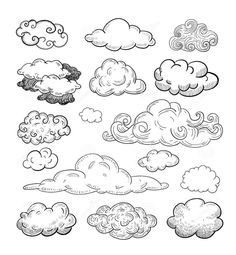 black and white clouds in the sky on a white background stock photo, royalty illustration