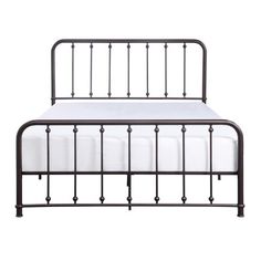 an iron bed frame with white sheets and black metal headboard, against a white background