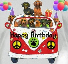 a group of dogs riding in the back of a van with balloons and presents on top