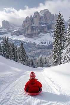 a person in a red jacket is sledding down a snowy hill with mountains in the background