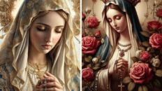 two paintings of the virgin mary holding a rosary and roses in front of her face