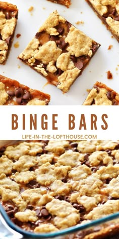 a close up of a cookie bar with chocolate chips on top and the words binge bars above it