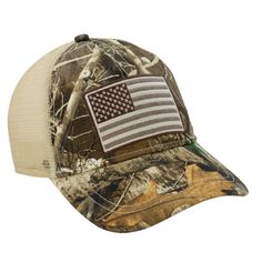 an american flag on a camo hat with white mesh back and tan brim