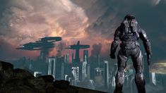 two sci - fi characters stand in front of an alien city