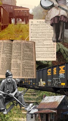 an altered photograph of a woman holding a guitar and sitting on a bench in front of train tracks