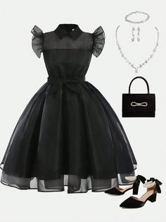 Teen Girls' Elegant Organza Ruffle Trim Cap Sleeve Party Dress Black Elegant  Sleeveless Woven Fabric Plain A Line Non-Stretch  Teen Girls Clothing, size features are:Bust: ,Length: ,Sleeve Length: Dresses For Teenagers, Party Dress Black, 파티 드레스, Teen Girl Dresses, Straight Lace Front Wigs, Short Prom Dress, Dresses For Teens, Inspiration Mode